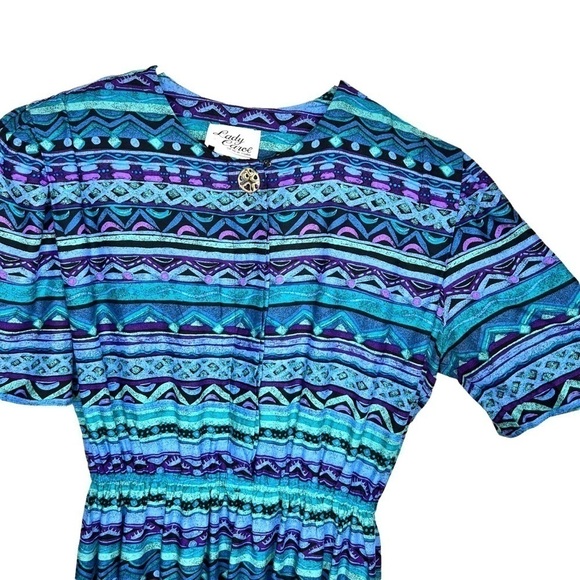 Lady Carol Vintage 80s 90s Pleated Short Sleeve Abstract Funky Shirt Mini Dress - Picture 6 of 16